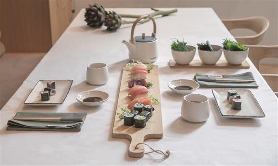 Serveringsskålar Ukiyo 3st med bambubricka med tryck Vit