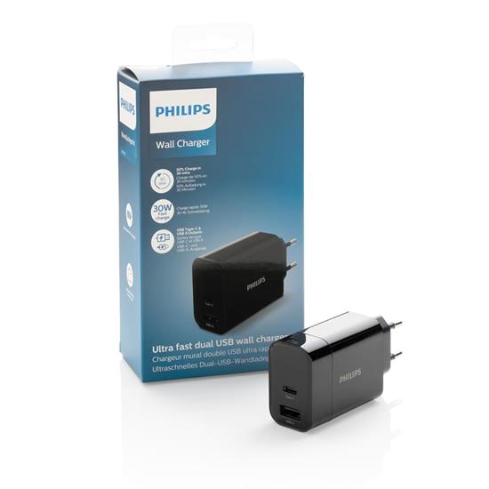 Väggladdare Philips 30W ultrasnabb med tryck Svart