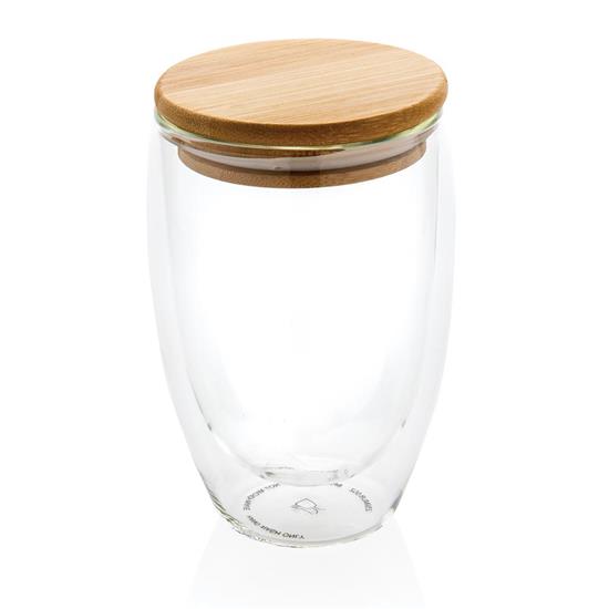 Glas Dubbelväggigt 350ml med bambulock med tryck Transparent