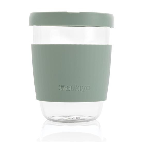 Glasmugg Ukiyo med silikonlock och sleeve med tryck Grön